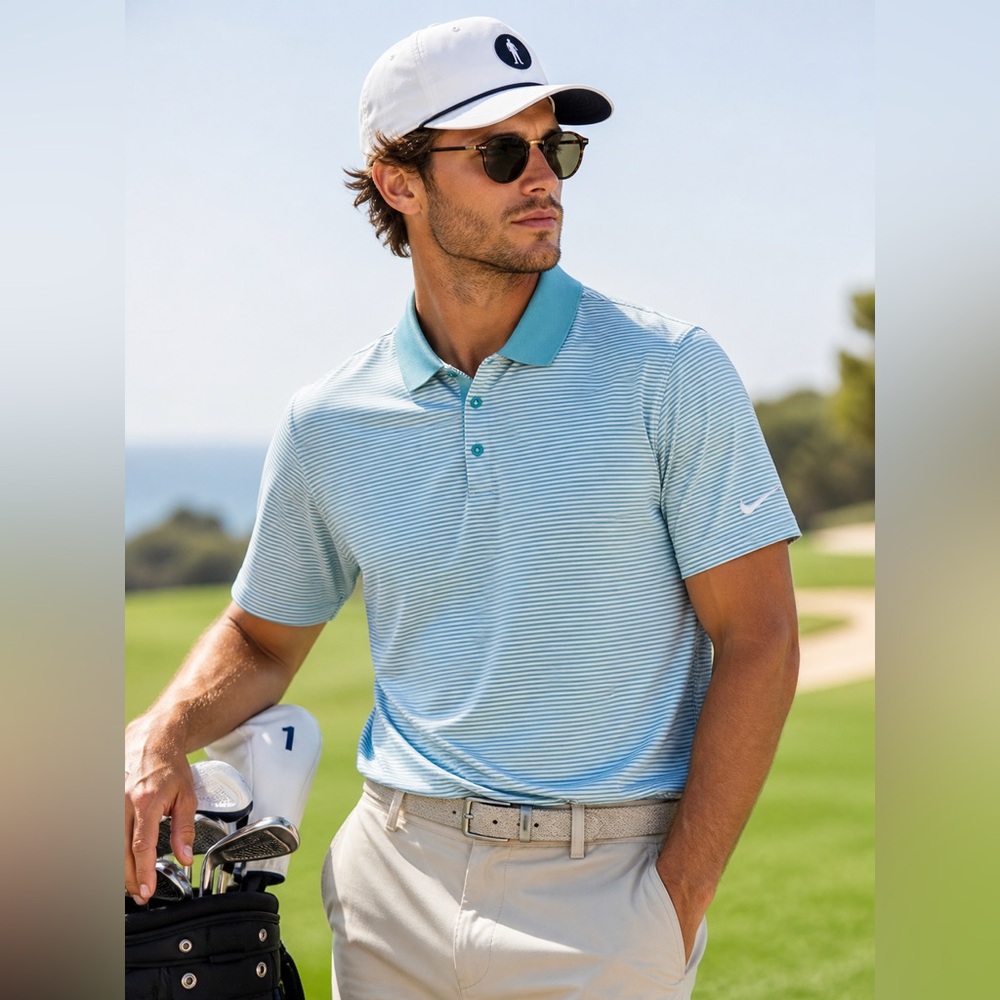 Nike Golf Dri-Fit Polo Shirt Men Large Blue Striped Performance